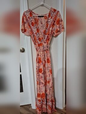 Peach Floral Wrap Maxi Dress with Orange Blooms